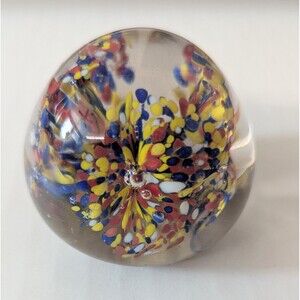 Vintage Blown Glass Paperweight – Abstract Design with Bubbles, Round Colorful